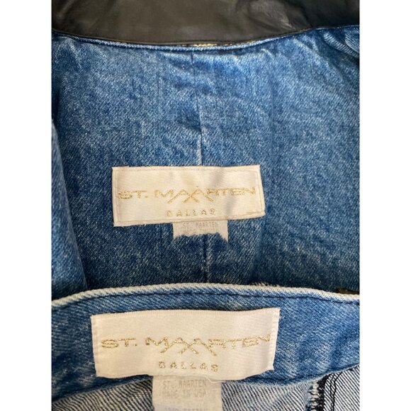 Vintage St. Maarten Dallas Denim Skirt Set Small Vest & Mini Skirt Leopard Trim - Picture 5 of 13